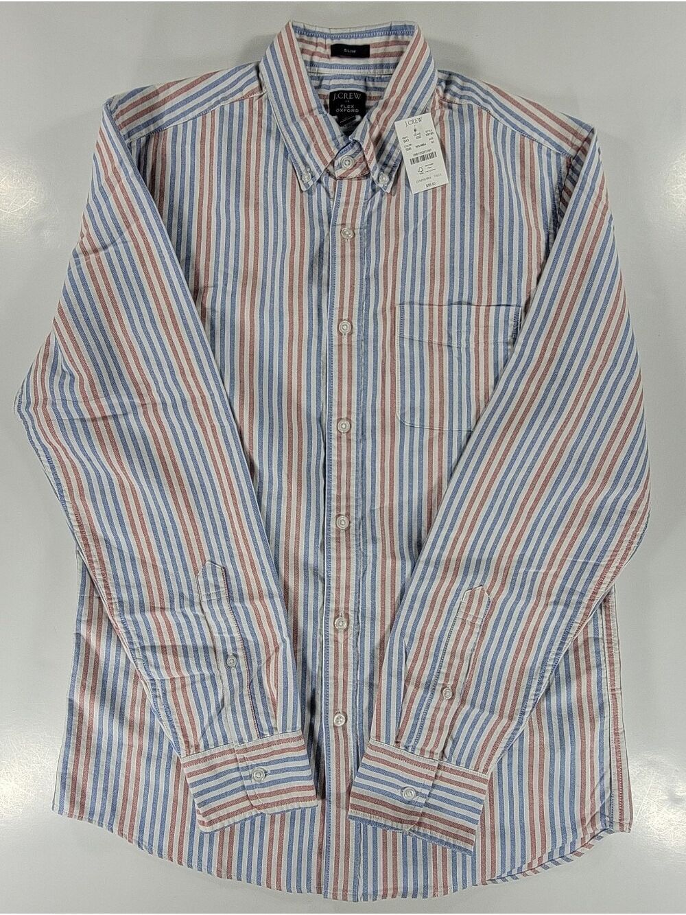 NEW J. Crew Flex Oxford Slim Shirt Mens Medium Red White Blue Stripe Long Sleeve